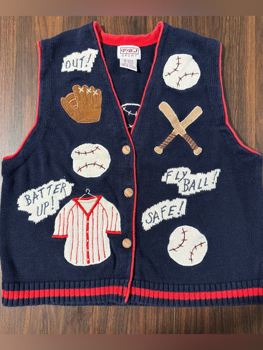 Vintage Unisex Navy Baseball Knit Vest with Red Trim - PBJ Sport 1980’